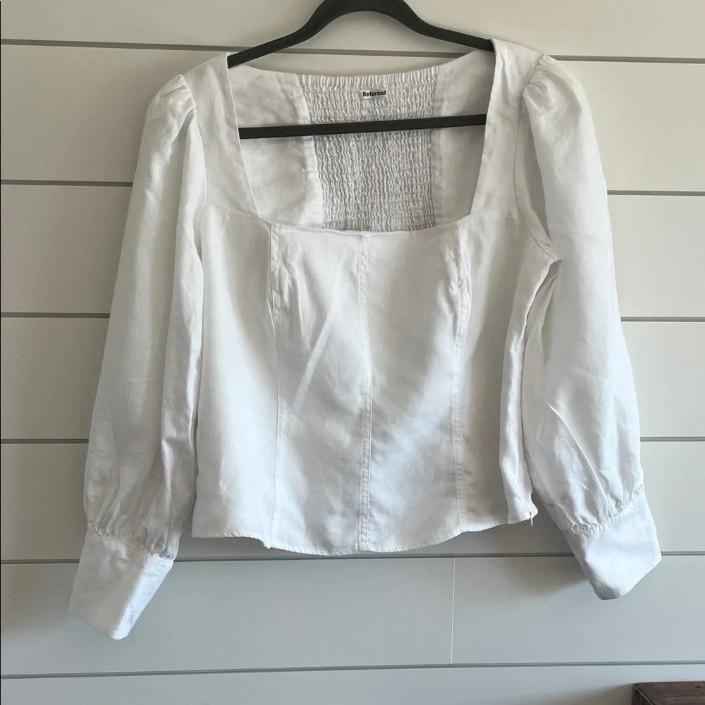 Reformation White Square Neck Puff Sleeve Blouse